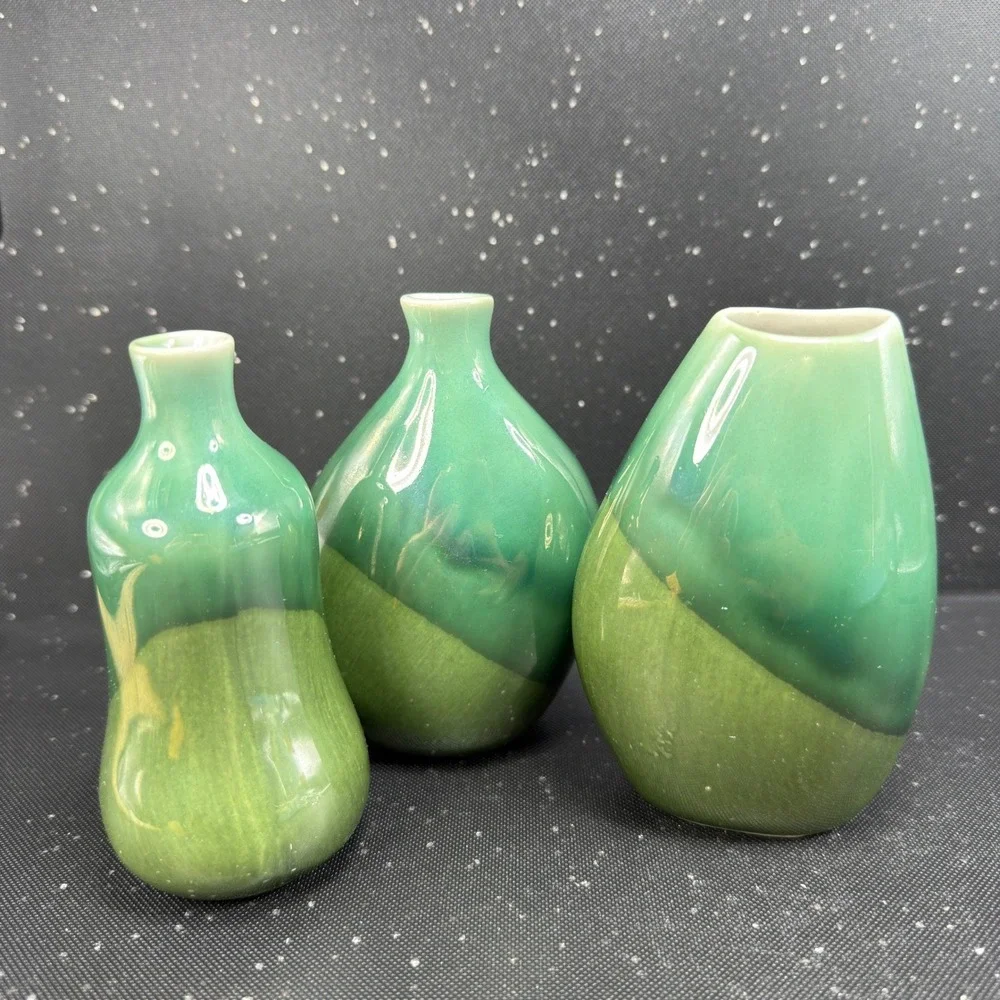 IKEA‎ 3 Piece Bud Vase Set Green Two Tone Glazed Ceramic Organic Shape 4.5 Inch
